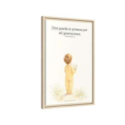 Dios guarda su pacto por mil generaciones — Lienzo Cristiano Enmarcado | Deuteronomio 7:9 — 16×24 pulgadas, marco natural, vista lateral del marco flotante