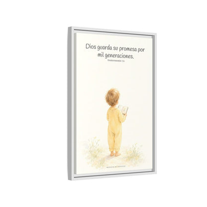 Dios guarda su pacto por mil generaciones — Lienzo Cristiano Enmarcado | Deuteronomio 7:9 — 16×24 pulgadas, marco blanco, vista lateral del marco flotante