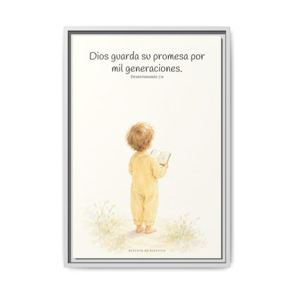 Dios guarda su pacto por mil generaciones — Lienzo Cristiano Enmarcado | Deuteronomio 7:9 — 16×24 pulgadas, marco blanco, vista frontal