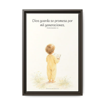 Dios guarda su pacto por mil generaciones — Lienzo Cristiano Enmarcado | Deuteronomio 7:9 — 12×18 pulgadas, marco espresso, vista frontal