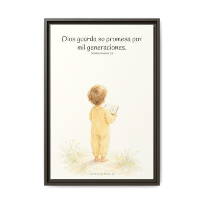 Dios guarda su pacto por mil generaciones — Lienzo Cristiano Enmarcado | Deuteronomio 7:9 — 16×24 pulgadas, marco espresso, vista frontal