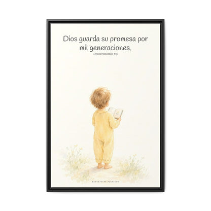 Dios guarda su pacto por mil generaciones — Lienzo Cristiano Enmarcado | Deuteronomio 7:9 — 24×36 pulgadas, marco negro, vista frontal