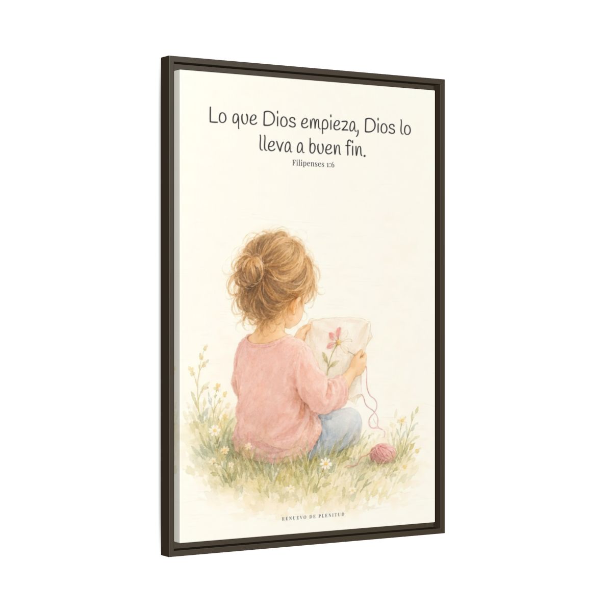 Dios lleva a buen fin la obra que empezó | Cuadro de fe enmarcado | Filipenses 1:6 — 24×36 pulgadas, marco espresso, vista lateral del marco flotante