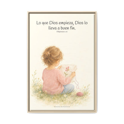 Dios lleva a buen fin la obra que empezó | Cuadro de fe enmarcado | Filipenses 1:6 — 24×36 pulgadas, marco natural, vista frontal