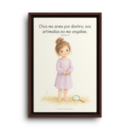 Dios me arma contra las astucias del enemigo | Cuadro cristiano enmarcado | Efesios 6:11 — 12×18 pulgadas, marco espresso, vista frontal