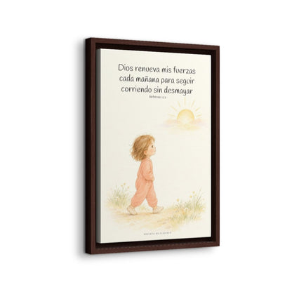 Dios me da nuevas fuerzas cada mañana | Decoración de fe para pared | Hebreos 12:1 — 12×18 pulgadas, marco espresso, vista lateral del marco flotante