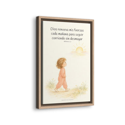 Dios me da nuevas fuerzas cada mañana | Decoración de fe para pared | Hebreos 12:1 — 12×18 pulgadas, marco natural, vista lateral del marco flotante