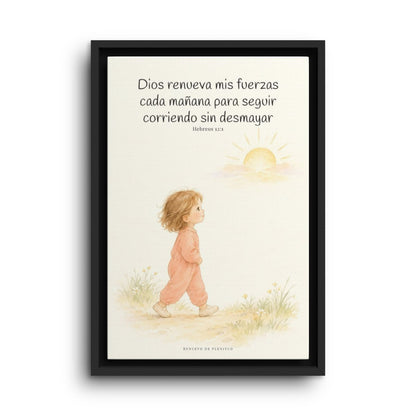 Dios me da nuevas fuerzas cada mañana | Decoración de fe para pared | Hebreos 12:1 — 12×18 pulgadas, marco negro, vista frontal