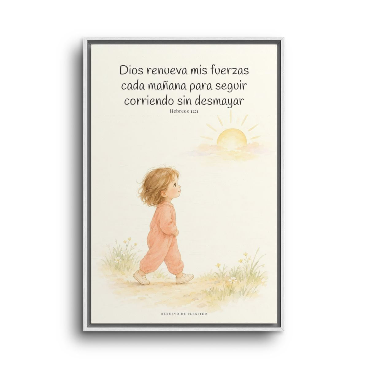 Dios me da nuevas fuerzas cada mañana | Decoración de fe para pared | Hebreos 12:1 — 24×36 pulgadas, marco blanco, vista frontal
