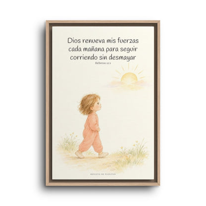 Dios me da nuevas fuerzas cada mañana | Decoración de fe para pared | Hebreos 12:1 — 16×24 pulgadas, marco natural, vista frontal