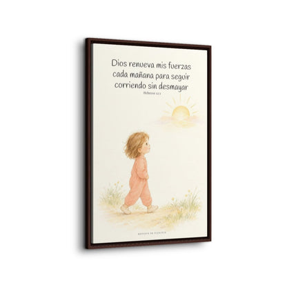 Dios me da nuevas fuerzas cada mañana | Decoración de fe para pared | Hebreos 12:1 — 24×36 pulgadas, marco espresso, vista lateral del marco flotante