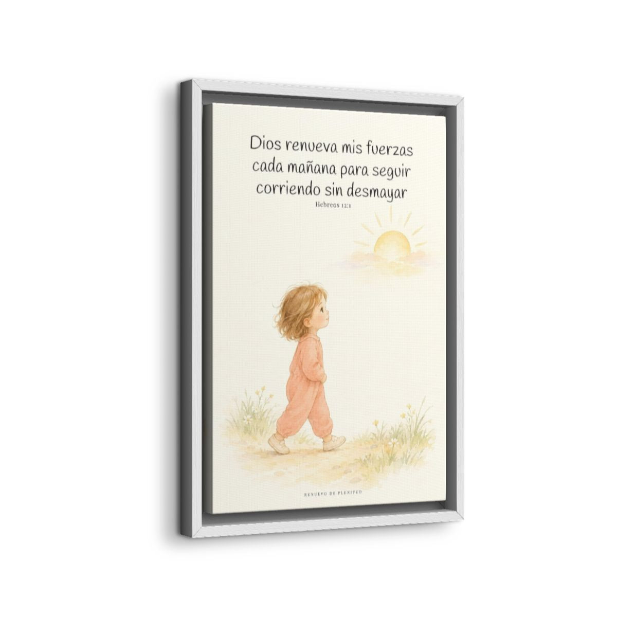 Dios me da nuevas fuerzas cada mañana | Decoración de fe para pared | Hebreos 12:1 — 12×18 pulgadas, marco blanco, vista lateral del marco flotante