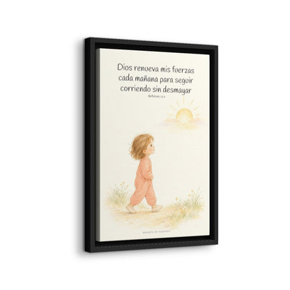 Dios me da nuevas fuerzas cada mañana | Decoración de fe para pared | Hebreos 12:1 — 12×18 pulgadas, marco negro, vista lateral del marco flotante