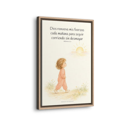 Dios me da nuevas fuerzas cada mañana | Decoración de fe para pared | Hebreos 12:1 — 16×24 pulgadas, marco natural, vista lateral del marco flotante