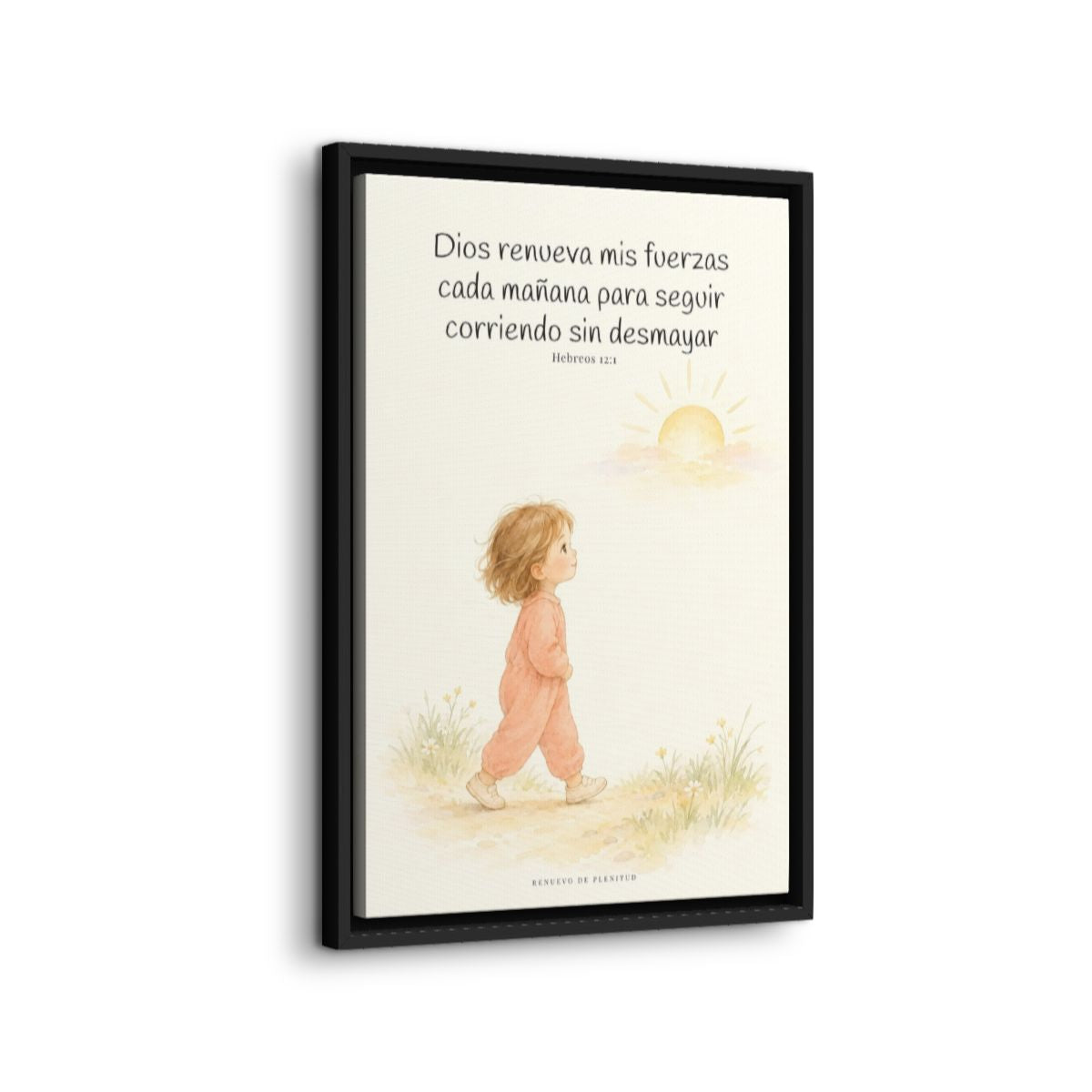 Dios me da nuevas fuerzas cada mañana | Decoración de fe para pared | Hebreos 12:1 — 16×24 pulgadas, marco negro, vista lateral del marco flotante