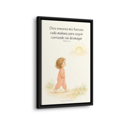Dios me da nuevas fuerzas cada mañana | Decoración de fe para pared | Hebreos 12:1 — 16×24 pulgadas, marco negro, vista lateral del marco flotante