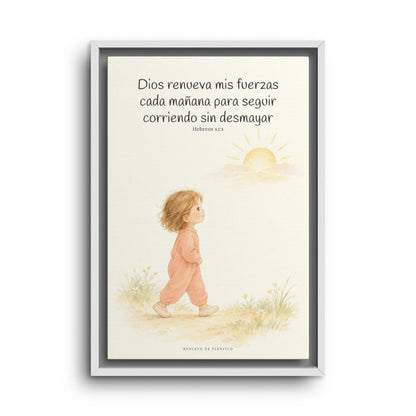 Dios me da nuevas fuerzas cada mañana | Decoración de fe para pared | Hebreos 12:1 — 12×18 pulgadas, marco blanco, vista frontal