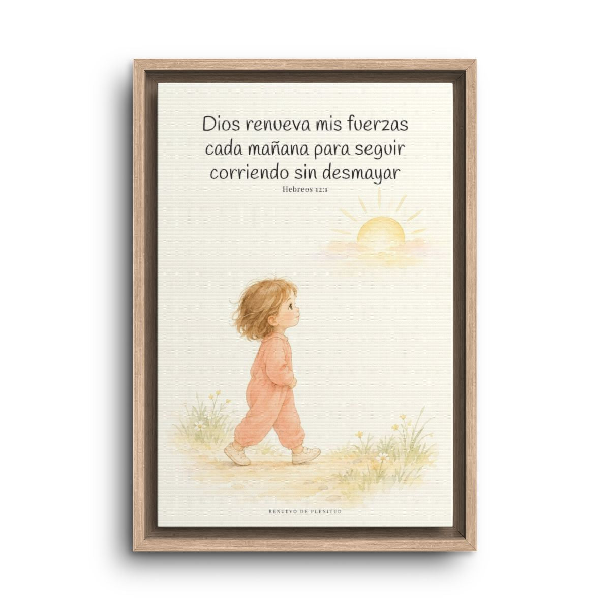 Dios me da nuevas fuerzas cada mañana | Decoración de fe para pared | Hebreos 12:1 — 12×18 pulgadas, marco natural, vista frontal