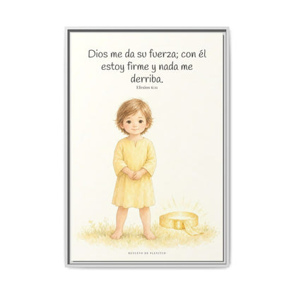 Dios me da su fuerza para estar firme — Lienzo Cristiano Enmarcado | Efesios 6:11 — 24×36 pulgadas, marco blanco, vista frontal