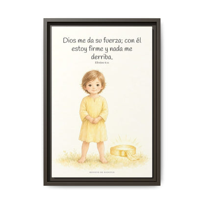 Dios me da su fuerza para estar firme — Lienzo Cristiano Enmarcado | Efesios 6:11 — 12×18 pulgadas, marco espresso, vista frontal