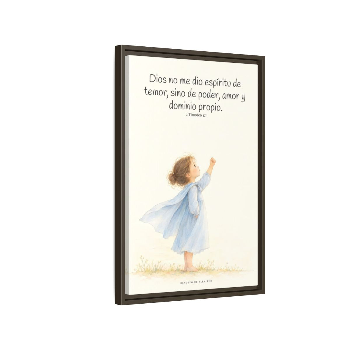 Dios me da un espíritu de poder y de amor — Lienzo Cristiano Enmarcado | 2 Timoteo 1:7 — 16×24 pulgadas, marco espresso, vista lateral del marco flotante