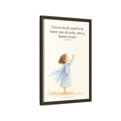 Dios me da un espíritu de poder y de amor — Lienzo Cristiano Enmarcado | 2 Timoteo 1:7 — 16×24 pulgadas, marco espresso, vista lateral del marco flotante