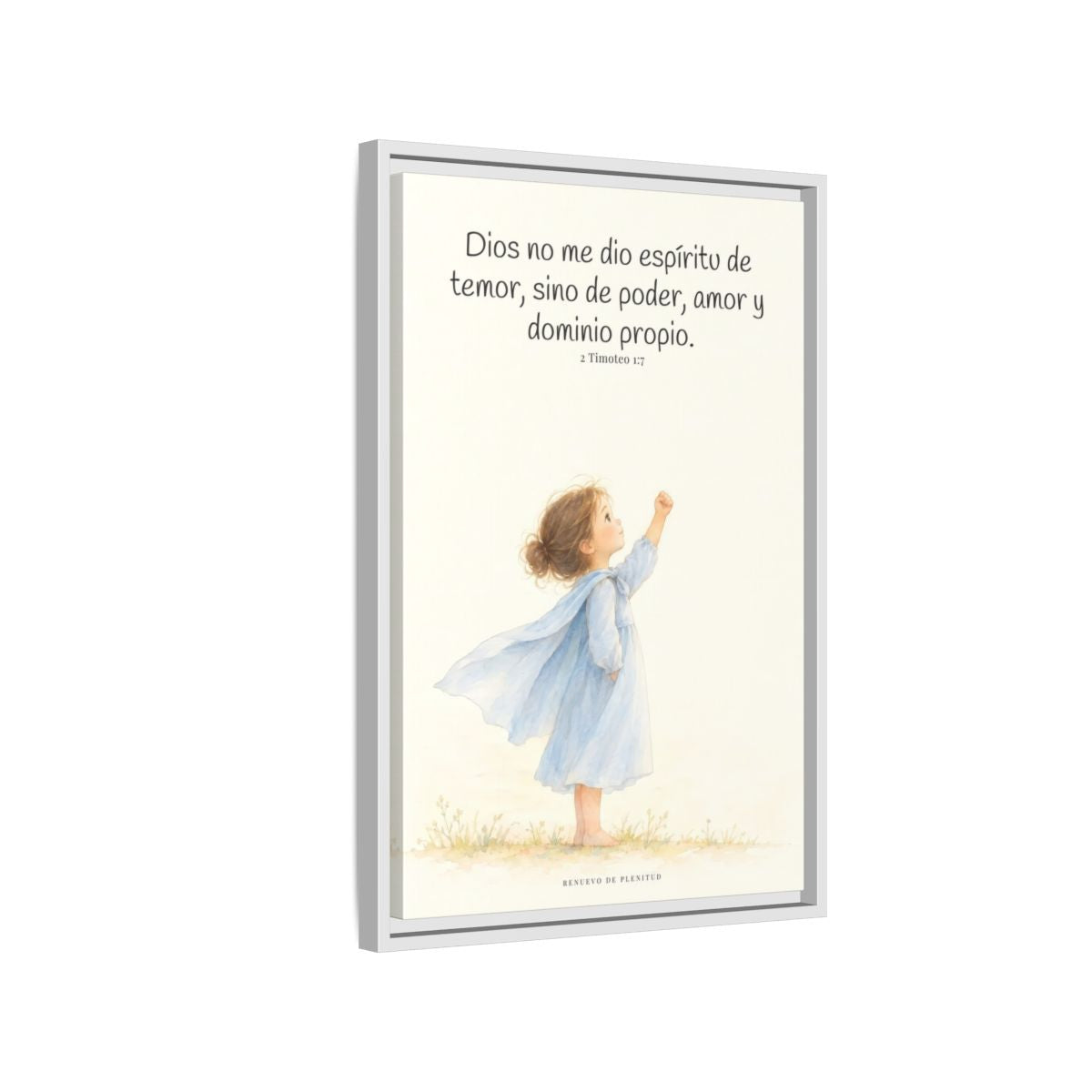 Dios me da un espíritu de poder y de amor — Lienzo Cristiano Enmarcado | 2 Timoteo 1:7 — 16×24 pulgadas, marco blanco, vista lateral del marco flotante