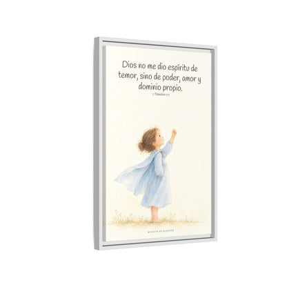 Dios me da un espíritu de poder y de amor — Lienzo Cristiano Enmarcado | 2 Timoteo 1:7 — 16×24 pulgadas, marco blanco, vista lateral del marco flotante
