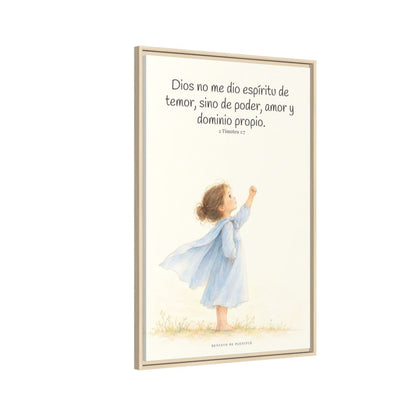 Dios me da un espíritu de poder y de amor — Lienzo Cristiano Enmarcado | 2 Timoteo 1:7 — 24×36 pulgadas, marco natural, vista lateral del marco flotante