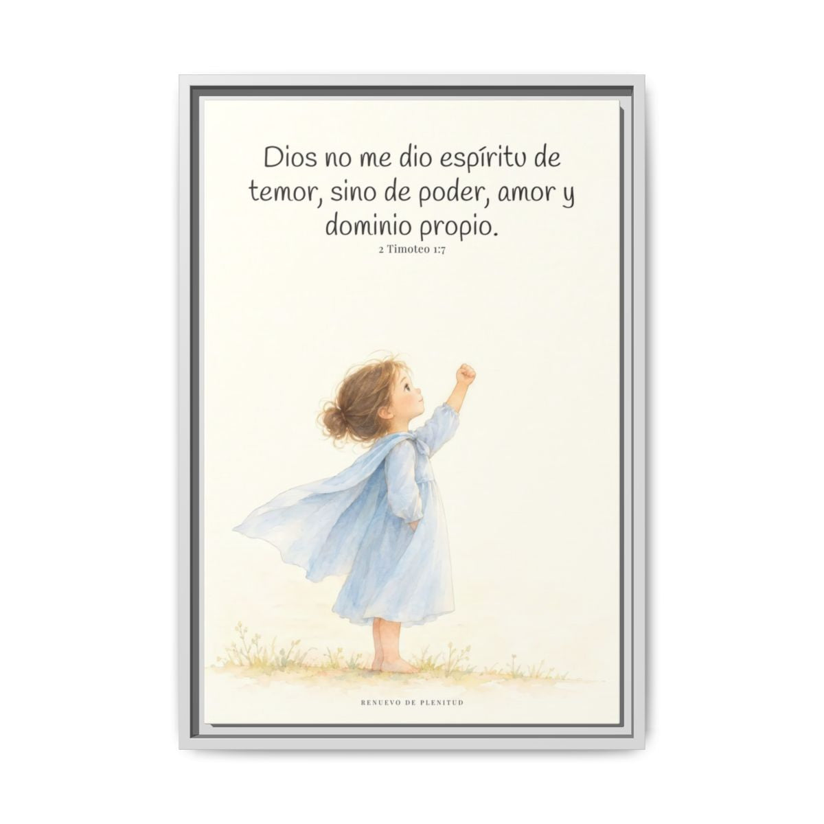 Dios me da un espíritu de poder y de amor — Lienzo Cristiano Enmarcado | 2 Timoteo 1:7 — 16×24 pulgadas, marco blanco, vista frontal