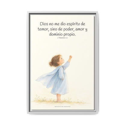 Dios me da un espíritu de poder y de amor — Lienzo Cristiano Enmarcado | 2 Timoteo 1:7 — 16×24 pulgadas, marco blanco, vista frontal