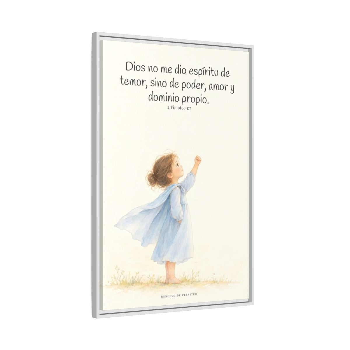 Dios me da un espíritu de poder y de amor — Lienzo Cristiano Enmarcado | 2 Timoteo 1:7 — 24×36 pulgadas, marco blanco, vista lateral del marco flotante