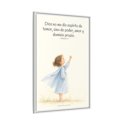 Dios me da un espíritu de poder y de amor — Lienzo Cristiano Enmarcado | 2 Timoteo 1:7 — 24×36 pulgadas, marco blanco, vista lateral del marco flotante