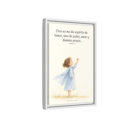 Dios me da un espíritu de poder y de amor — Lienzo Cristiano Enmarcado | 2 Timoteo 1:7 — 12×18 pulgadas, marco blanco, vista lateral del marco flotante