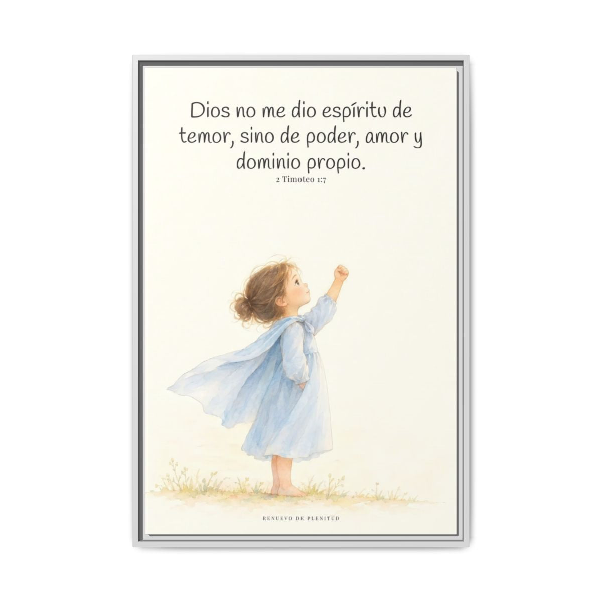 Dios me da un espíritu de poder y de amor — Lienzo Cristiano Enmarcado | 2 Timoteo 1:7 — 24×36 pulgadas, marco blanco, vista frontal