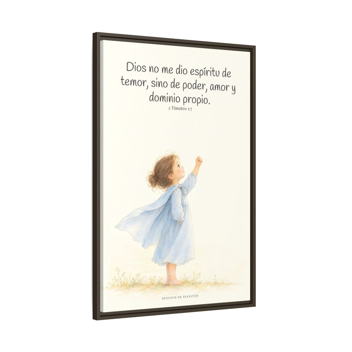 Dios me da un espíritu de poder y de amor — Lienzo Cristiano Enmarcado | 2 Timoteo 1:7 — 24×36 pulgadas, marco espresso, vista lateral del marco flotante
