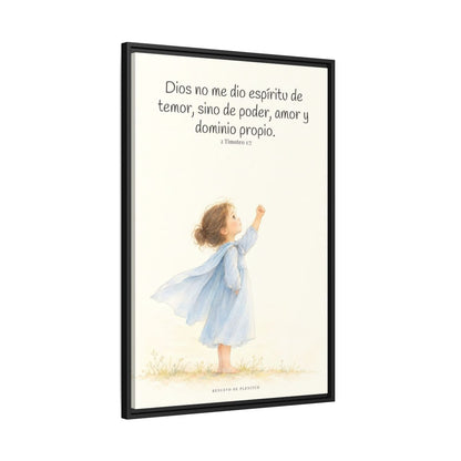 Dios me da un espíritu de poder y de amor — Lienzo Cristiano Enmarcado | 2 Timoteo 1:7 — 24×36 pulgadas, marco negro, vista lateral del marco flotante