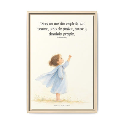 Dios me da un espíritu de poder y de amor — Lienzo Cristiano Enmarcado | 2 Timoteo 1:7 — 16×24 pulgadas, marco natural, vista frontal