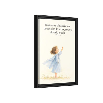 Dios me da un espíritu de poder y de amor — Lienzo Cristiano Enmarcado | 2 Timoteo 1:7 — 12×18 pulgadas, marco negro, vista lateral del marco flotante