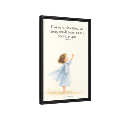 Dios me da un espíritu de poder y de amor — Lienzo Cristiano Enmarcado | 2 Timoteo 1:7 — 16×24 pulgadas, marco negro, vista lateral del marco flotante