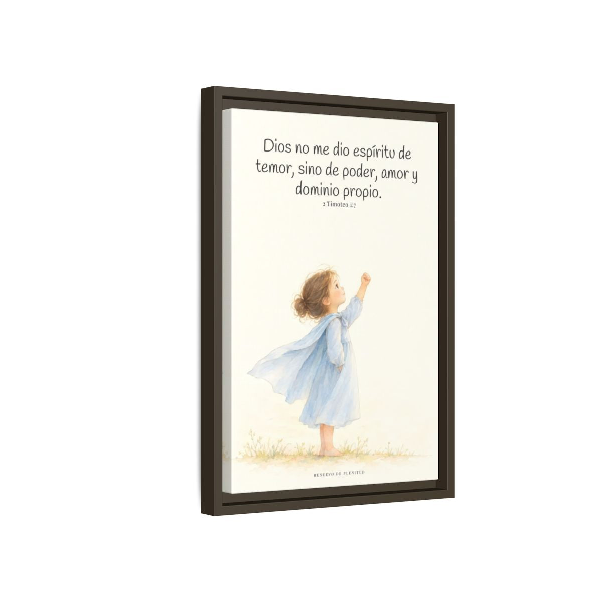 Dios me da un espíritu de poder y de amor — Lienzo Cristiano Enmarcado | 2 Timoteo 1:7 — 12×18 pulgadas, marco espresso, vista lateral del marco flotante