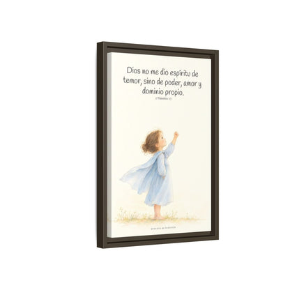 Dios me da un espíritu de poder y de amor — Lienzo Cristiano Enmarcado | 2 Timoteo 1:7 — 12×18 pulgadas, marco espresso, vista lateral del marco flotante