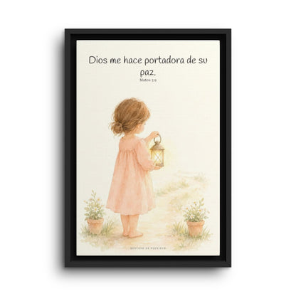 Dios me hace portadora de su paz | Lienzo bíblico para el hogar | Mateo 5:9 — 12×18 pulgadas, marco negro, vista frontal