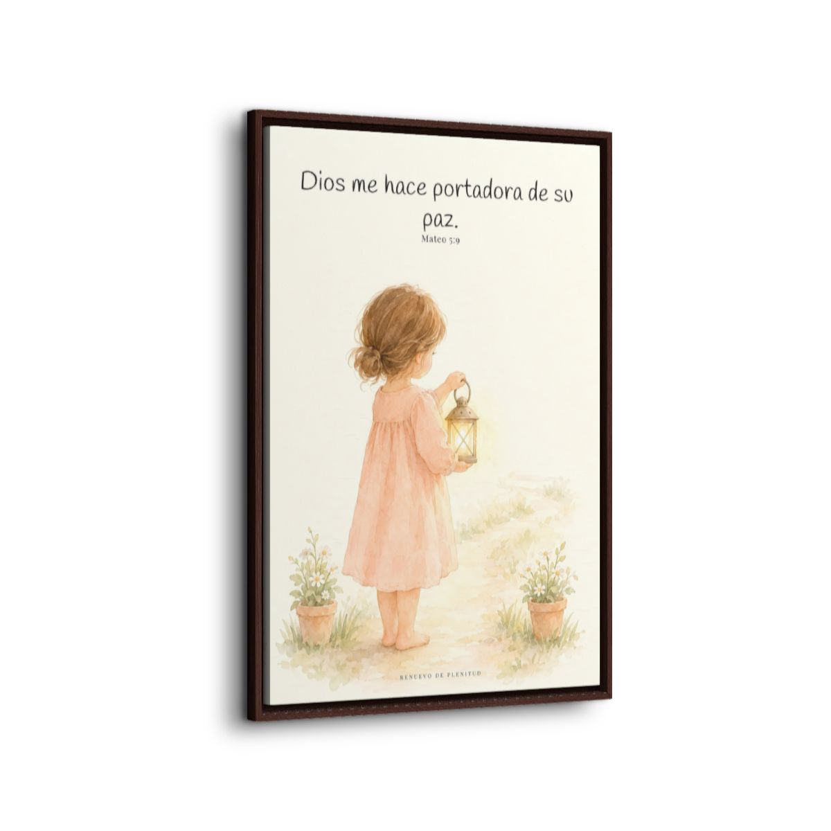 Dios me hace portadora de su paz | Lienzo bíblico para el hogar | Mateo 5:9 — 24×36 pulgadas, marco espresso, vista lateral del marco flotante