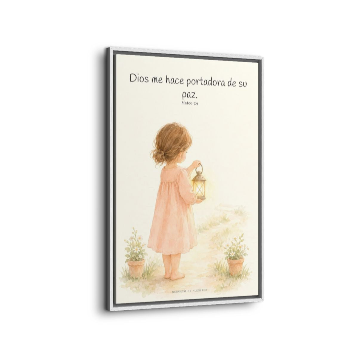 Dios me hace portadora de su paz | Lienzo bíblico para el hogar | Mateo 5:9 — 24×36 pulgadas, marco blanco, vista lateral del marco flotante