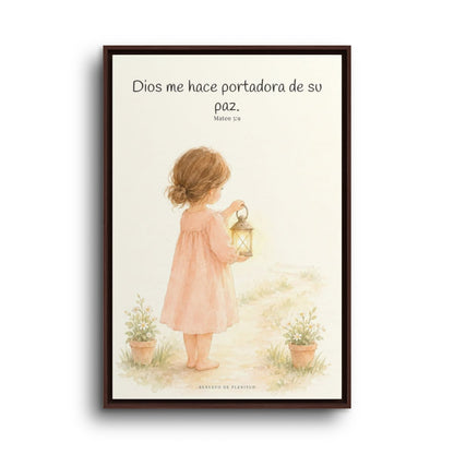Dios me hace portadora de su paz | Lienzo bíblico para el hogar | Mateo 5:9 — 24×36 pulgadas, marco espresso, vista frontal