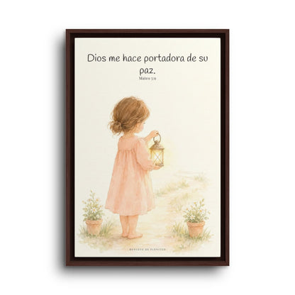 Dios me hace portadora de su paz | Lienzo bíblico para el hogar | Mateo 5:9 — 16×24 pulgadas, marco espresso, vista frontal