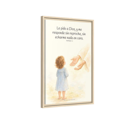 Dios me responde sin echármelo en cara — Lienzo Cristiano Enmarcado | Santiago 1:5 — 16×24 pulgadas, marco natural, vista lateral del marco flotante