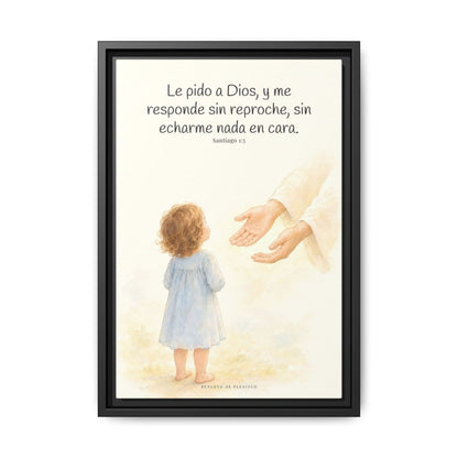 Dios me responde sin echármelo en cara — Lienzo Cristiano Enmarcado | Santiago 1:5 — 12×18 pulgadas, marco negro, vista frontal