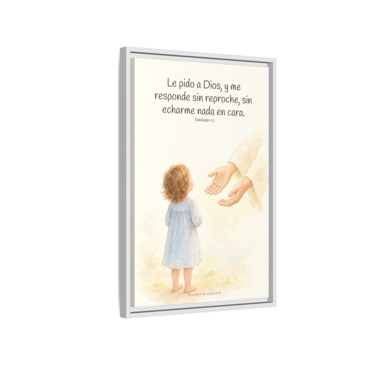 Dios me responde sin echármelo en cara — Lienzo Cristiano Enmarcado | Santiago 1:5 — 16×24 pulgadas, marco blanco, vista lateral del marco flotante